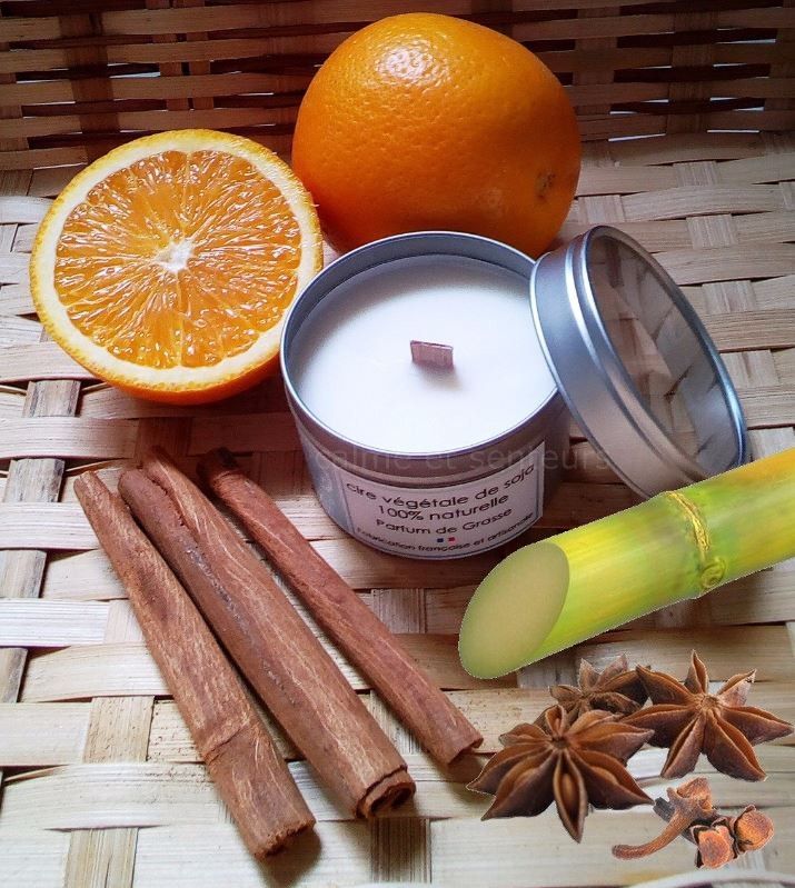 bougie mèche en bois parfum orange épicée canne à sucre